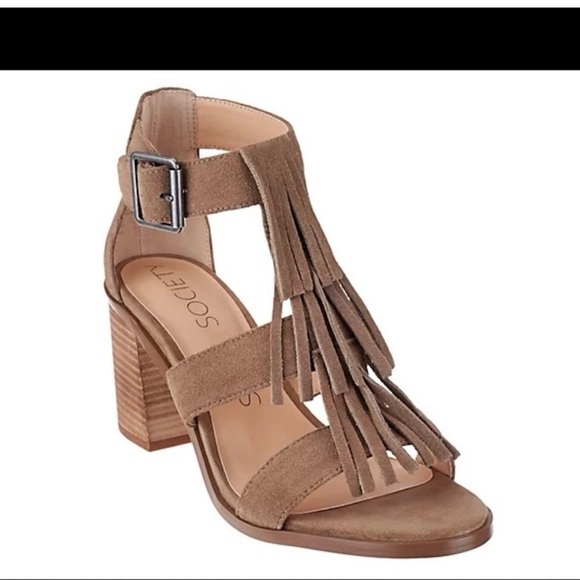 Sole Society Delilah Fringe Block Taupe Heeled Sandals 7.5 - Picture 2 of 10